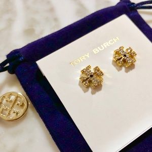NEW Tory Burch Gold Crystal Logo Stud Earrings